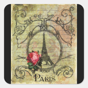 Sticker Carré Tour Eiffel Paris et Rose Rouge Steampunk
