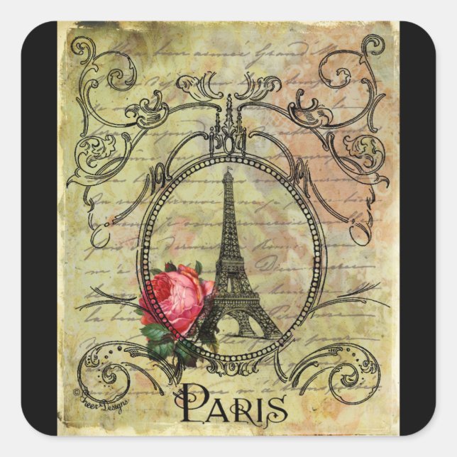 Sticker Carré Tour Eiffel Paris et Rose Rouge Steampunk (Devant)