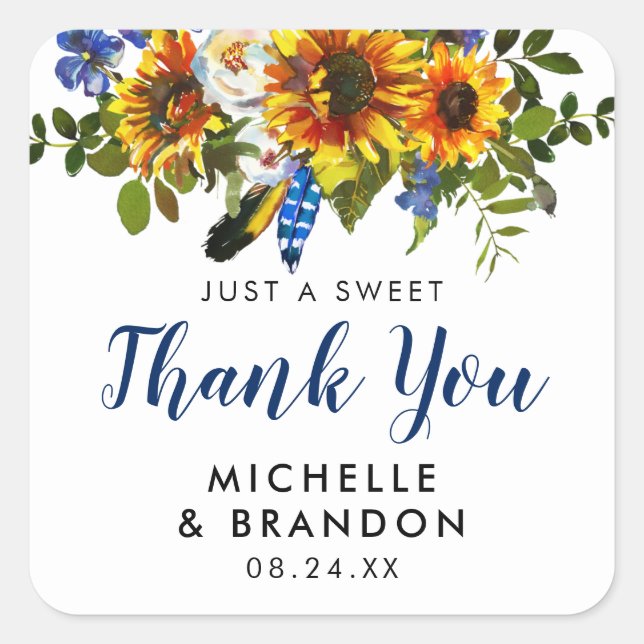 Sticker Carré Tournesol Rustique Boho Merci mariage Faveur (Devant)