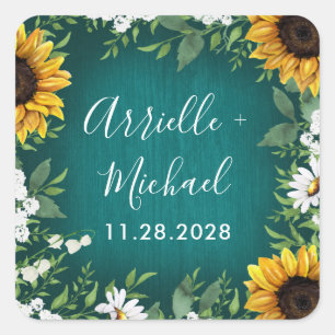 Sticker Carré Tournesol turquoise Mariage rustique Faveurs Stick
