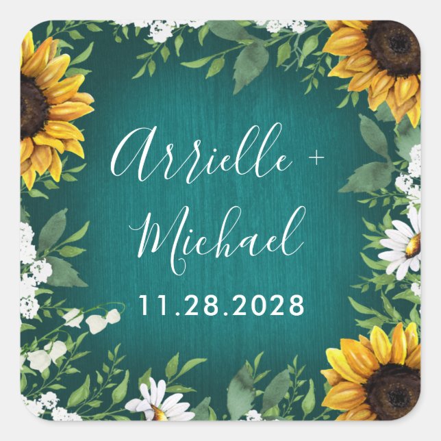 Sticker Carré Tournesol turquoise Mariage rustique Faveurs Stick (Devant)