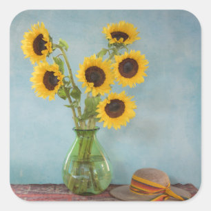 Sticker Carré Tournesols dans un vase sur une table