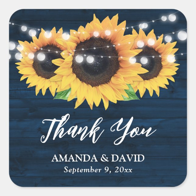 Sticker Carré Tournesols Rustiques Marine Blue Wedding Favoriser (Devant)