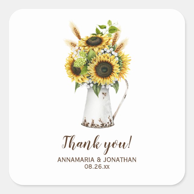 Sticker Carré Tournesols rustiques Merci Mariage (Devant)