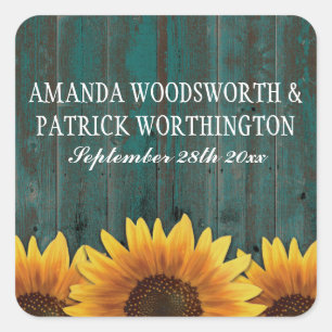 Sticker Carré Tourquoise Bois Rustique Tournesol Mariage Faveurs