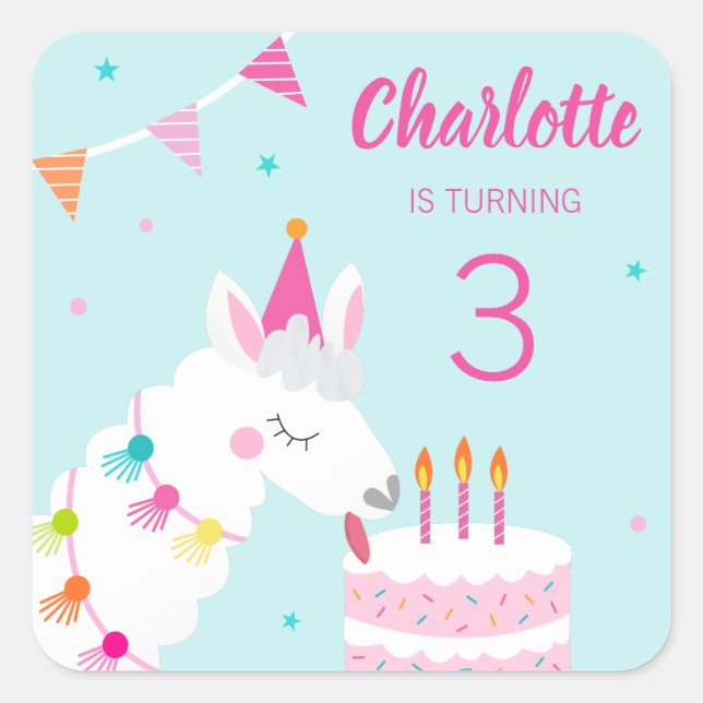 Sticker Carré Tout Llama Fun Cake 3ème Anniversaire Aqua (Devant)