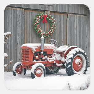 Sticker Carré Tracteur rouge avec couronne de Noël