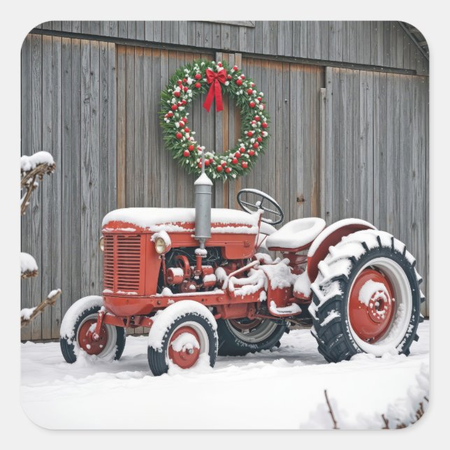 Sticker Carré Tracteur rouge avec couronne de Noël (Devant)