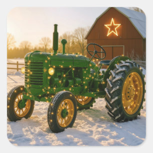 Sticker Carré Tracteur vert de Noël avec lumières clignotantes