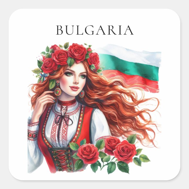 Sticker Carré Tradition du drapeau bulgare Folklore Femme Roses  (Devant)