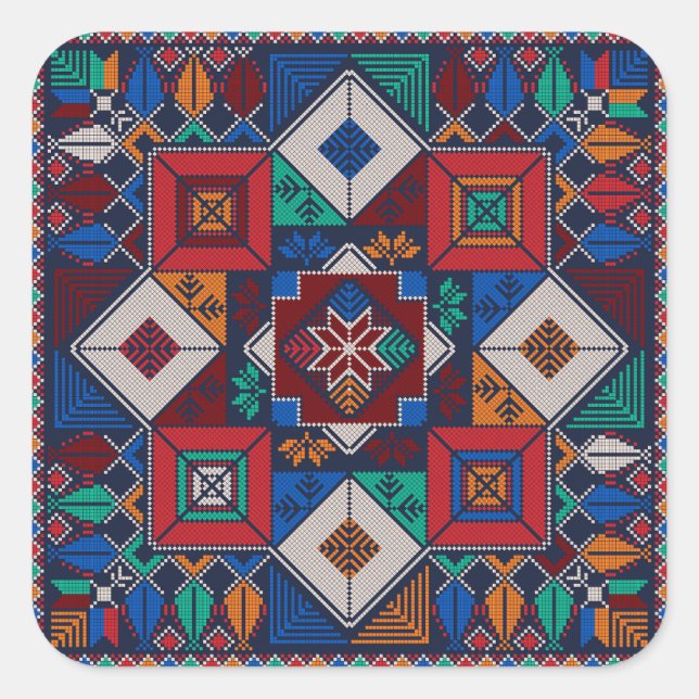 Sticker Carré Traditionnel Palestine Broderie tatreez coloré (Devant)