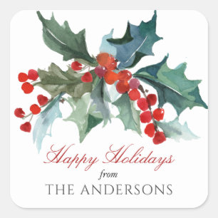 Sticker Carré Traditions de vacances Aquarelle Holly et Berries