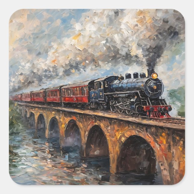 Sticker Carré Train à vapeur sur un pont - Peinture à l'huile (Devant)