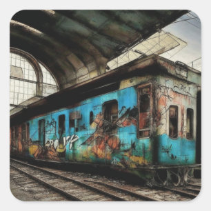 Sticker Carré Train abandonné avec Graffiti Urban Street Art