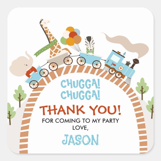 Sticker Carré Train Chugga Chugga Merci d'anniversaire (Devant)