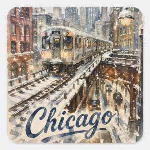 Sticker Carré Train de l'El de Chicago dans la neige d'hiver