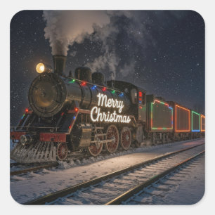Sticker Carré Train de Noël vintage dans la neige