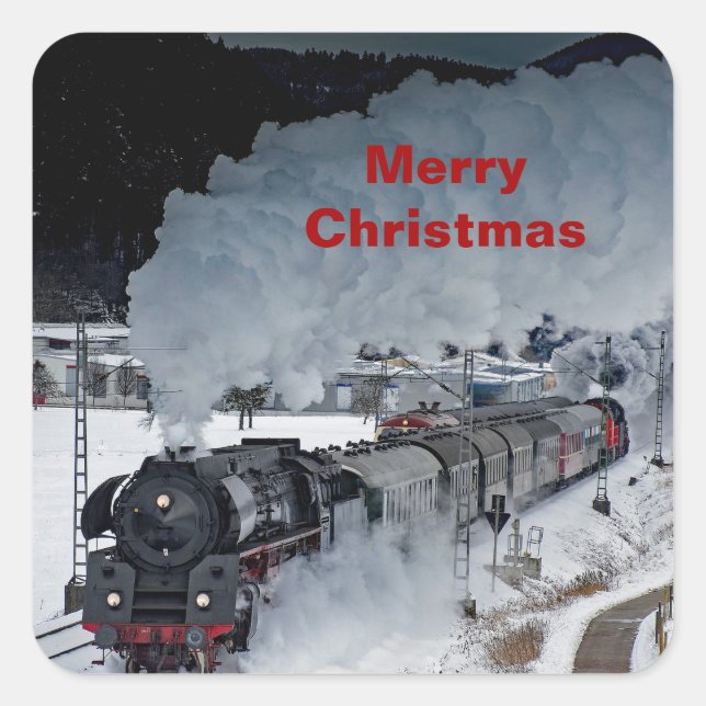 Sticker Carré Train vapeur Locomotive neige photo Noël (Devant)