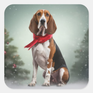 Sticker Carré Trek Walker Coonhound Dog en Noël de neige