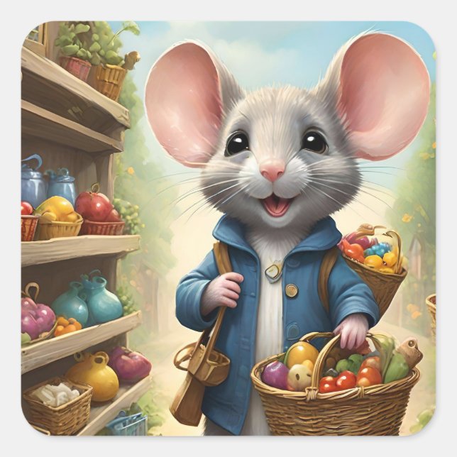 Sticker Carré Très mignon achat de souris. (Devant)