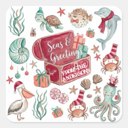 Sticker Carré Trésors de l'océan Noël côtier Mers & Salutations
