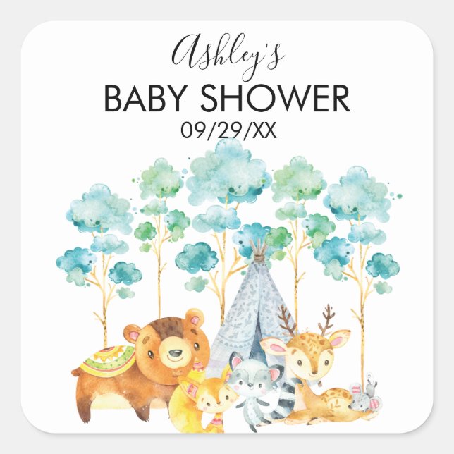 Sticker Carré TribalWoodland Animaux Baby shower Favoriser Stick (Devant)