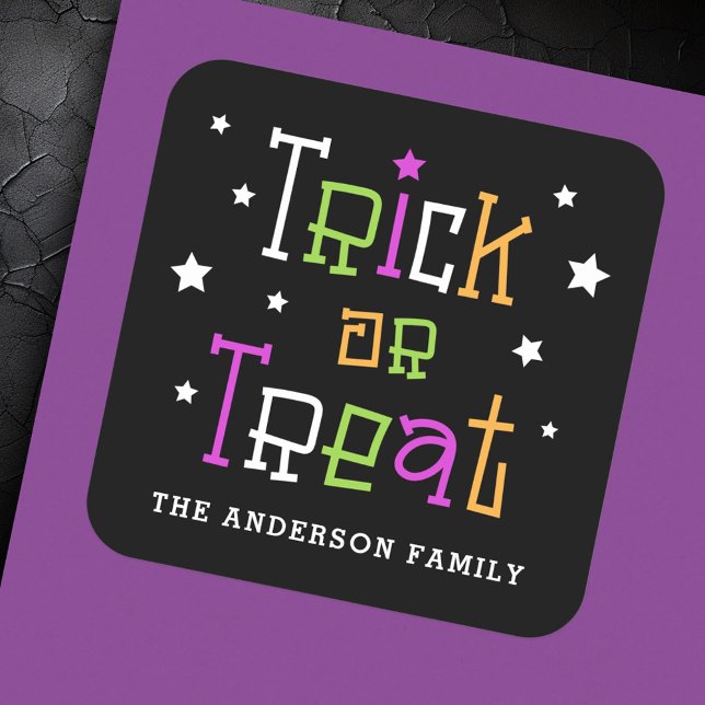 Sticker Carré Trick or treat étoiles Joyeux Halloween (Trick or treat stars Happy Halloween Square Sticker)