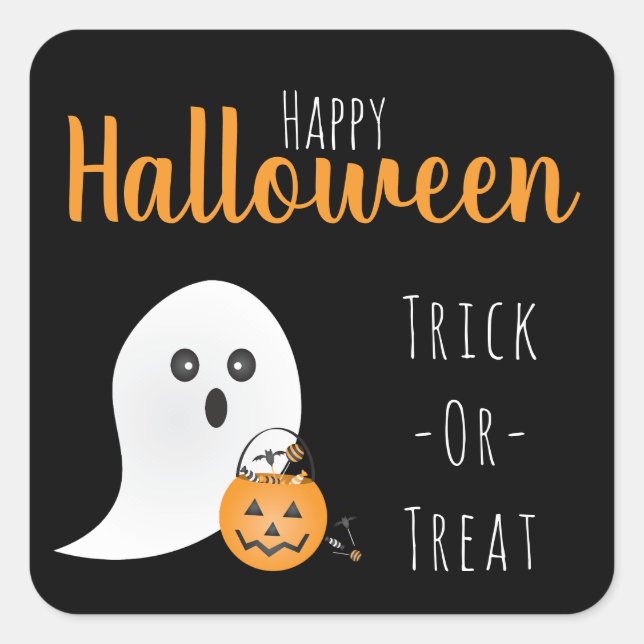 Sticker Carré Trick Ou Traiter Happy Halloween Ghost Éffrayant (Devant)