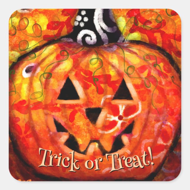 Sticker Carré Trick ou Treat Abstrait Jack-o'-lantern Citrouille (Devant)