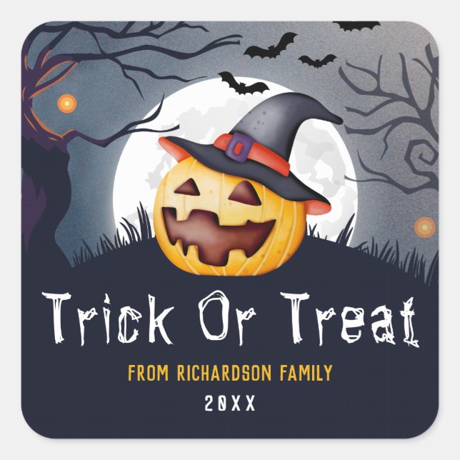 Sticker Carré Trick Ou Treat Éffrayant Jack O'Lantern Nom Person (Devant)