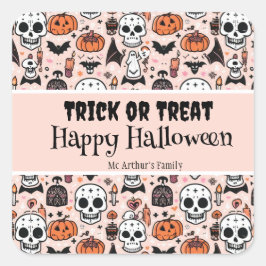 Sticker Carré Tricoter ou traiter l'Halloween rose Nom de famill