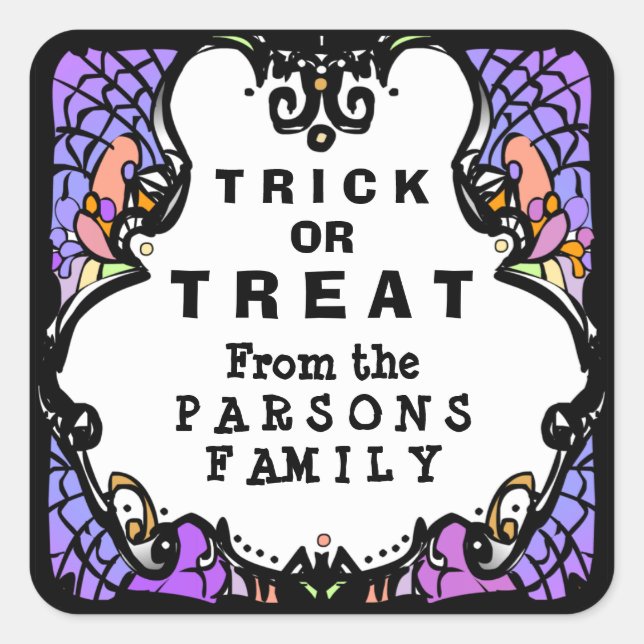 Sticker Carré Tricoter ou traiter l'Halloween violet blanc et no (Devant)