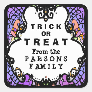 Sticker Carré Tricoter ou traiter l'Halloween violet blanc et no