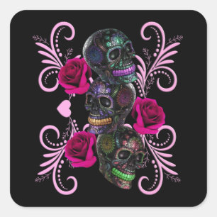 Sticker Carré Triple Jour Noir Des Crânes Morts Roses Rose