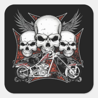 Sticker Carré Trois crâne avec Carré de motocyclette Red Chopper