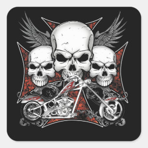 Sticker Carré Trois crânes avec motocyclette à hélico rouge