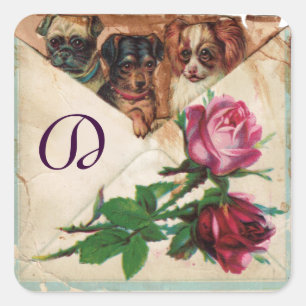 STICKER CARRÉ TROIS DOGGIES AVEC MONOGRAM ROSE