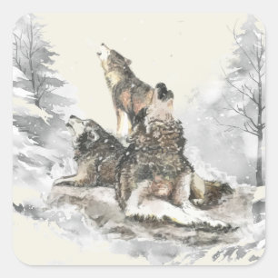 Sticker Carré Trois loups hurlement tempête de neige hiver faune