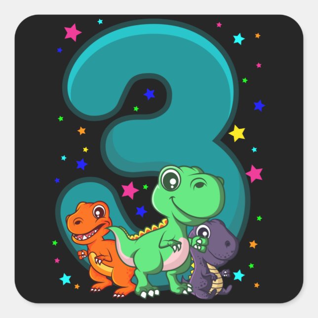 Sticker Carré TROIS REX 3 ans 3e anniversaire enfants Dino (Devant)