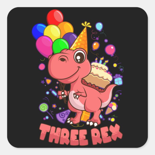 Sticker Carré TROIS REX 3 ans 3e anniversaire fille Dino (Devant)