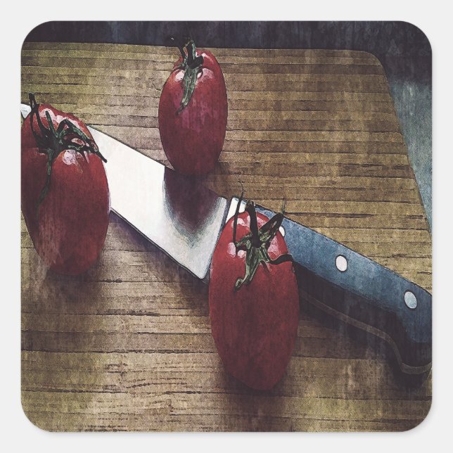 Sticker Carré Trois tomates rouges sur une planche à découper (Devant)