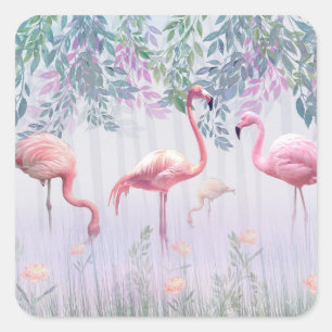 Sticker Carré Tropcal Cute Family Pink Flamingos