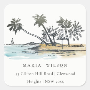 Sticker Carré Tropical Beach Palm Tree Sketch Aquarelle Adresse