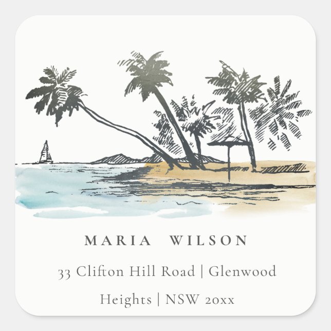 Sticker Carré Tropical Beach Palm Tree Sketch Aquarelle Adresse (Devant)