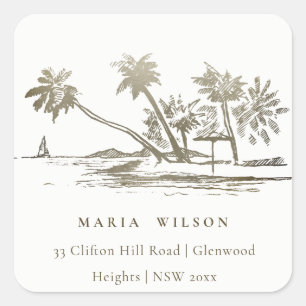 Sticker Carré Tropical Beach Palm Tree Sketch Pale Gold Adresse