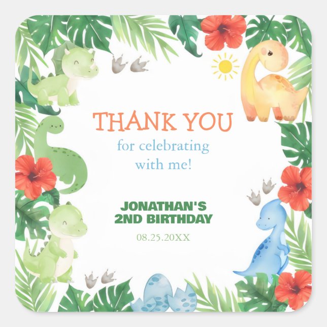 Sticker Carré Tropical Forest Dinosaur Birthday Thank You (Devant)