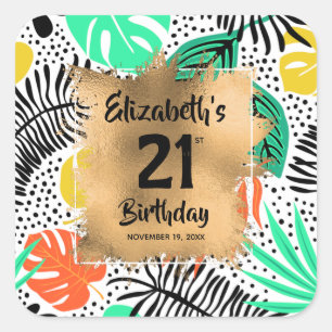 Sticker Carré Tropical Plante Gold 21e anniversaire Personnalisé