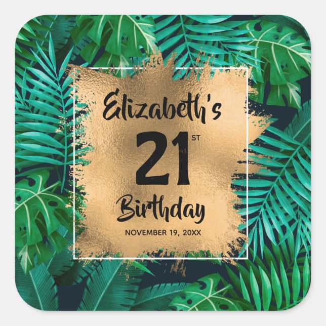 Sticker Carré Tropical Plante Gold 21e anniversaire Personnalisé (Devant)