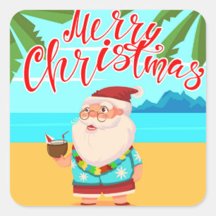 Sticker Carré Tropical Summer Joyeux Noël Plage Santa Claus