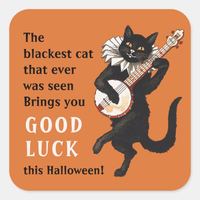 Sticker Carré Troubadour chat noir Bonne chance Halloween CC1163 (Devant)